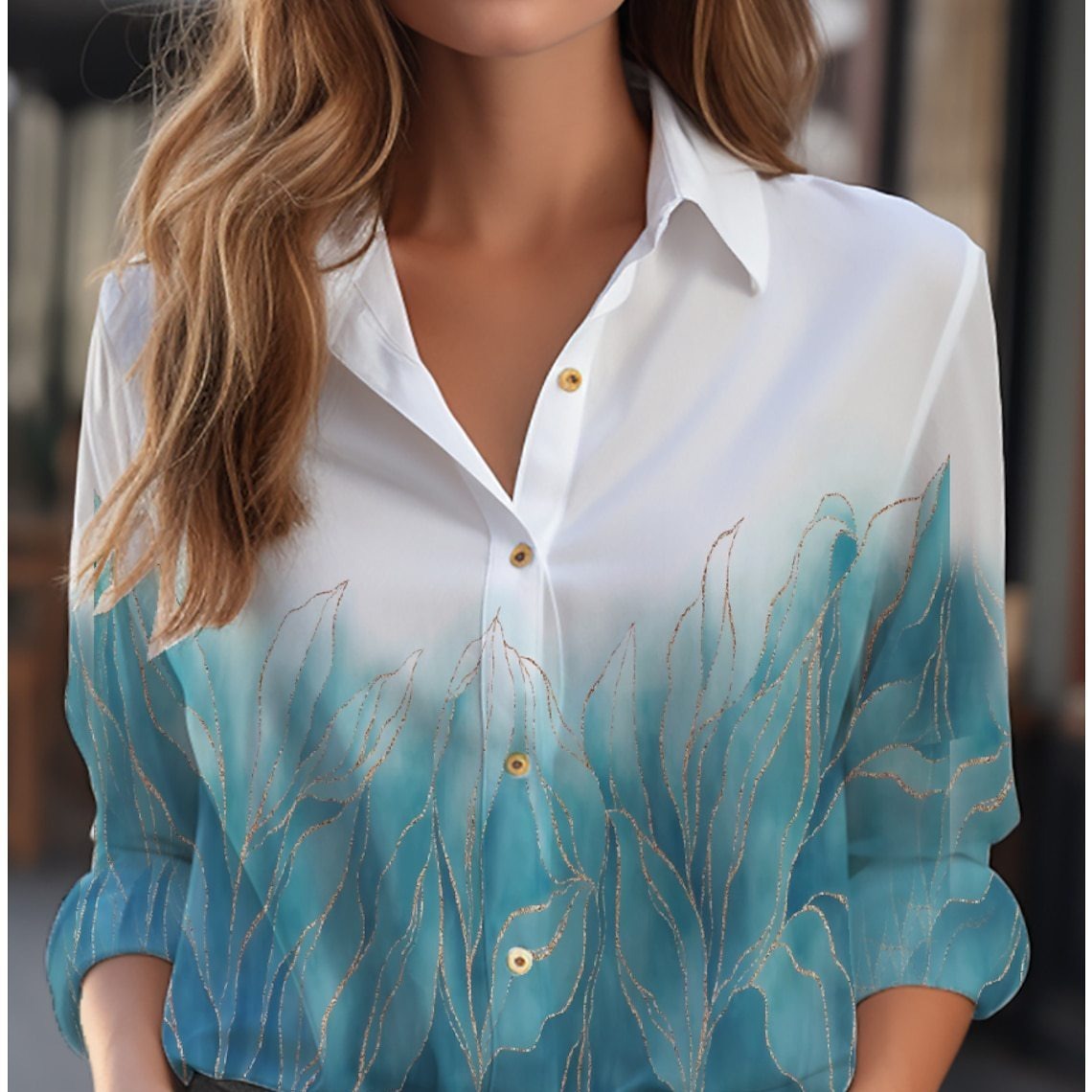 Loose Floral Print Long-Sleeve Button-Down Blouse