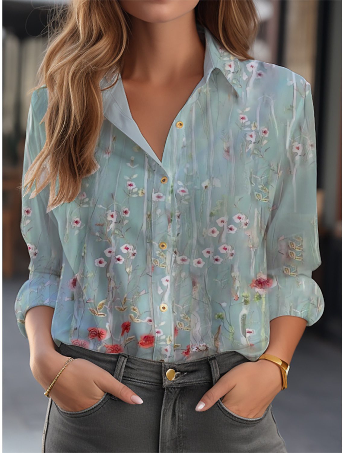 Loose Floral Print Long-Sleeve Button-Down Blouse