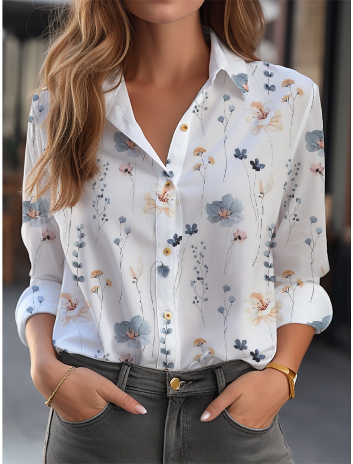 Loose Floral Print Long-Sleeve Button-Down Blouse