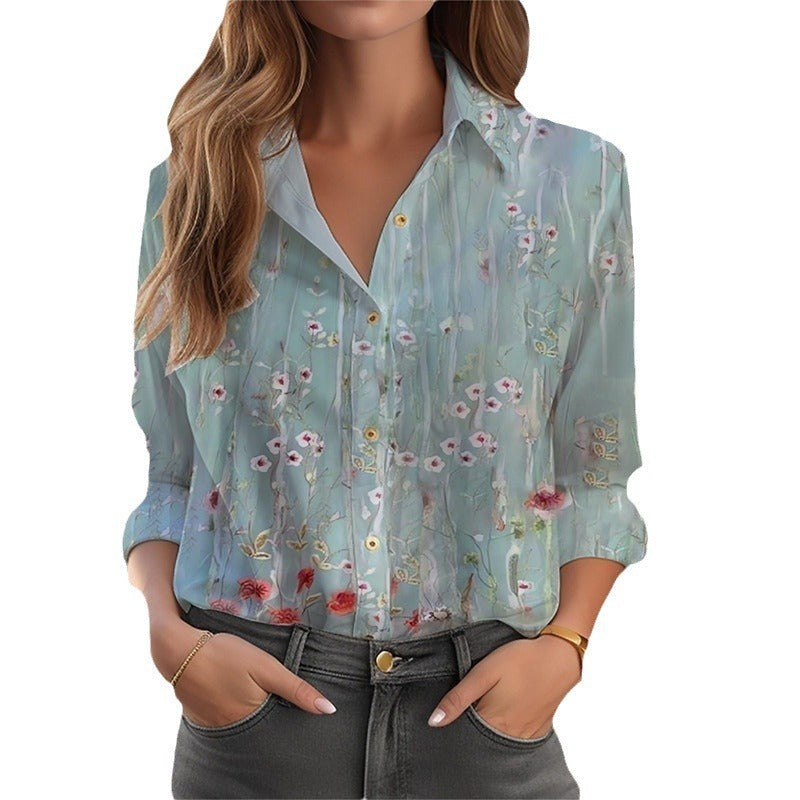 Loose Floral Print Long-Sleeve Button-Down Blouse