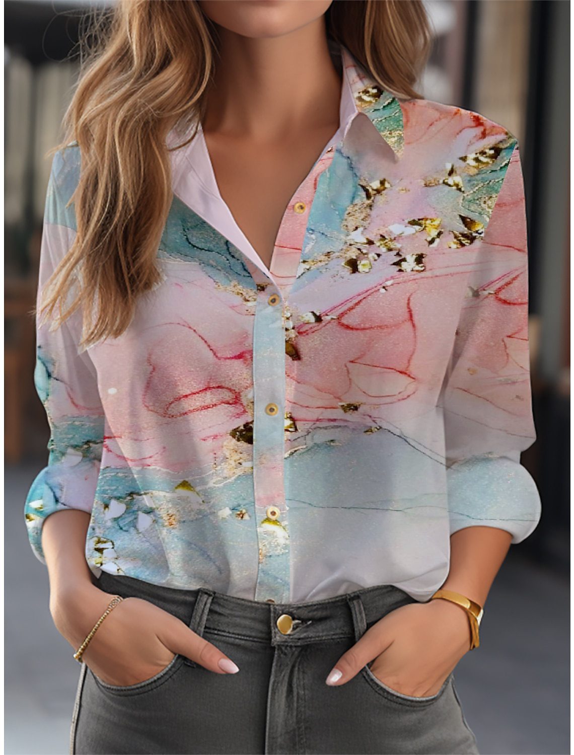 Loose Floral Print Long-Sleeve Button-Down Blouse