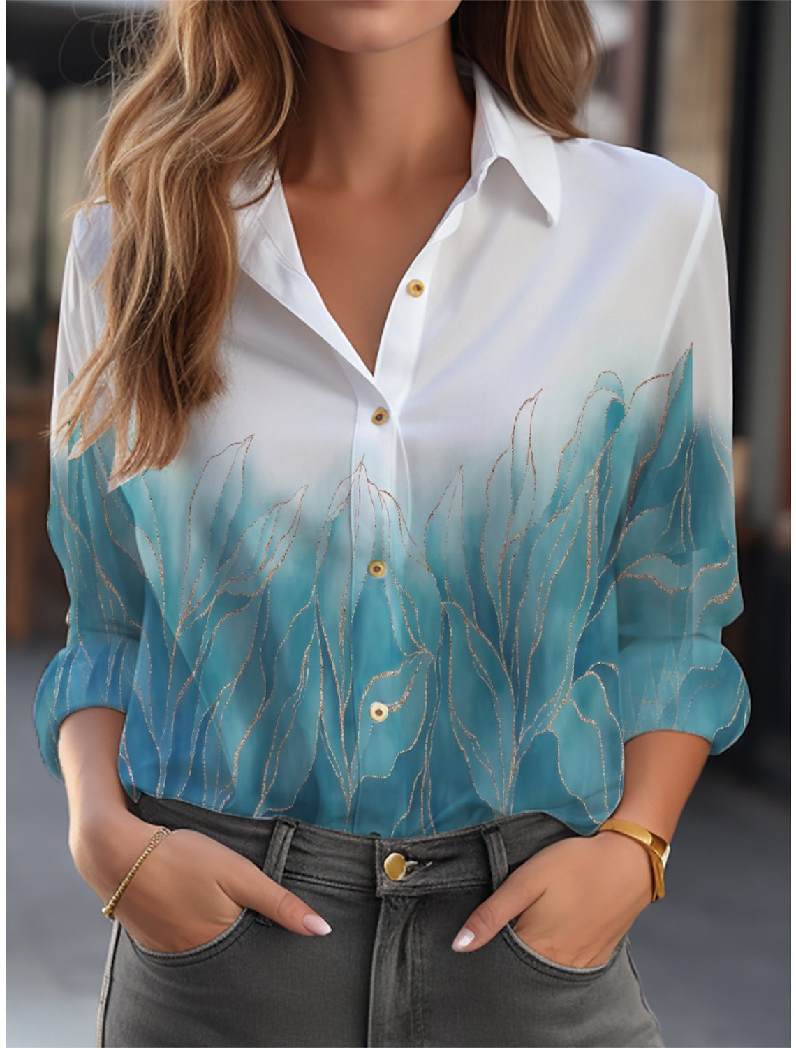 Loose Floral Print Long-Sleeve Button-Down Blouse