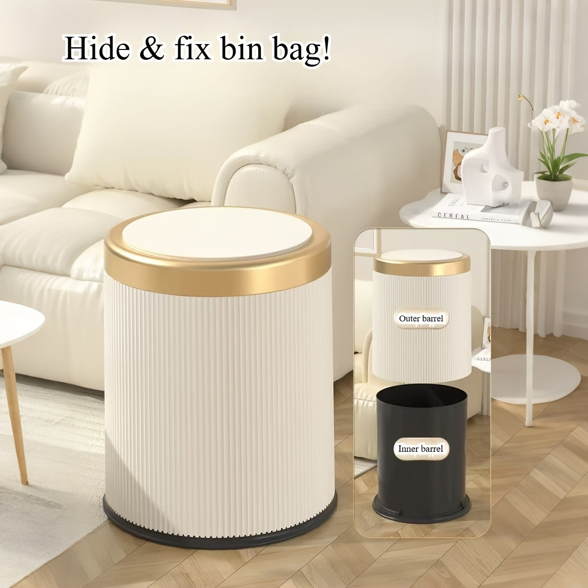 Luxury Oval Trash Can with Press-Top Lid and Dual Inner Bucket