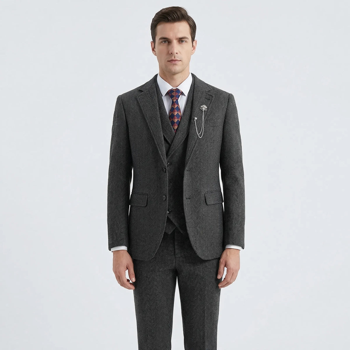 Men's 3-Piece Herringbone Suit - Classic Tailored Fit
