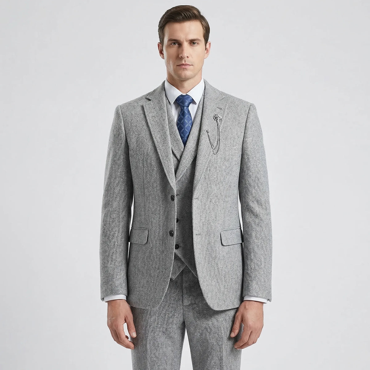 Men's 3-Piece Herringbone Suit - Classic Tailored Fit
