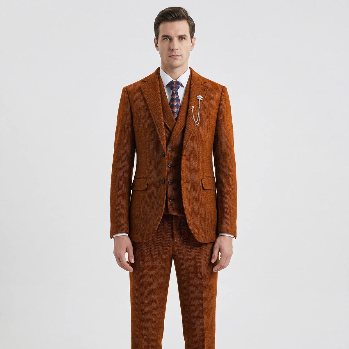 Men's 3-Piece Herringbone Suit - Classic Tailored Fit