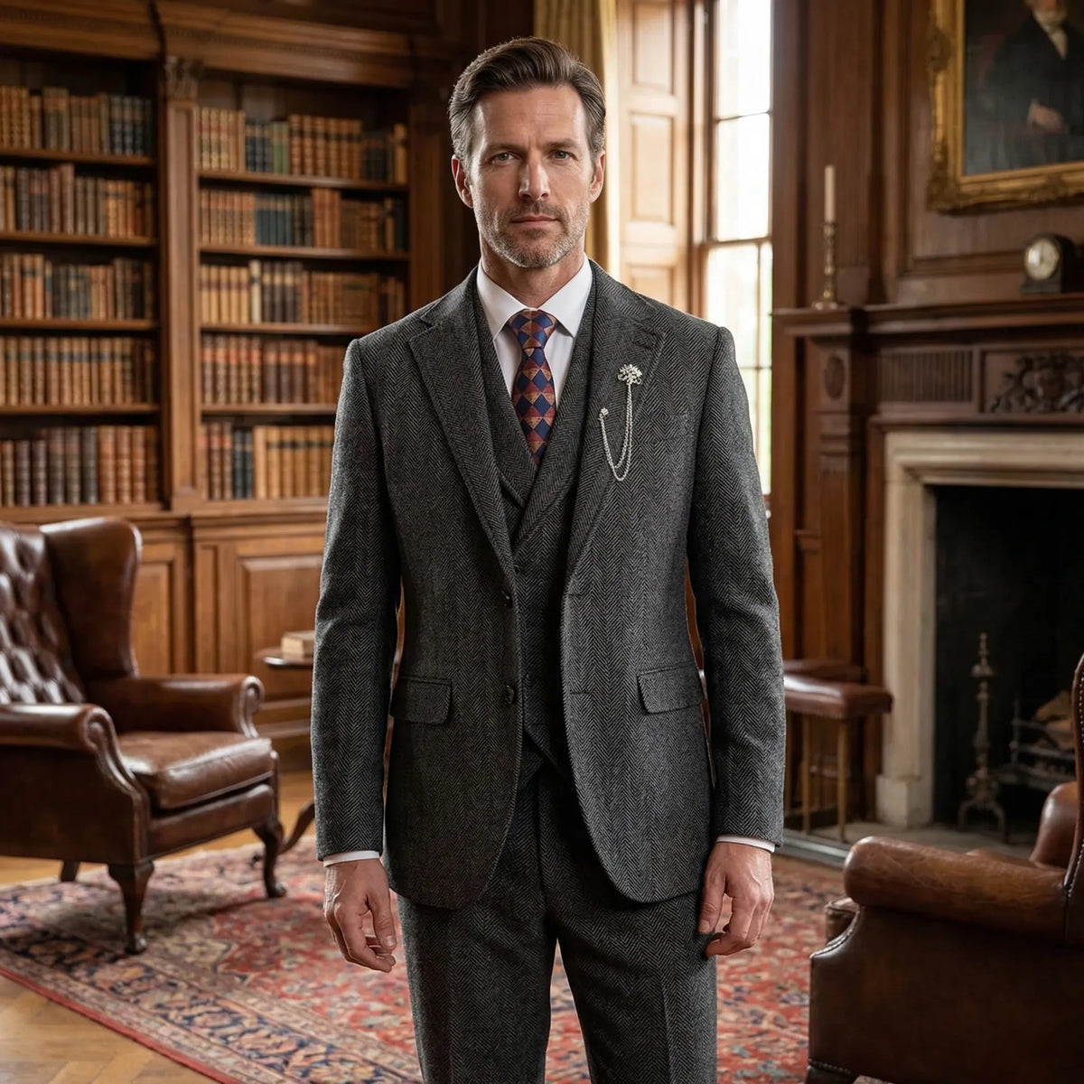 Men's 3-Piece Herringbone Suit - Classic Tailored Fit