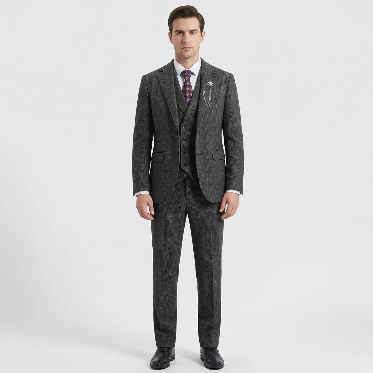Men's 3-Piece Herringbone Suit - Classic Tailored Fit