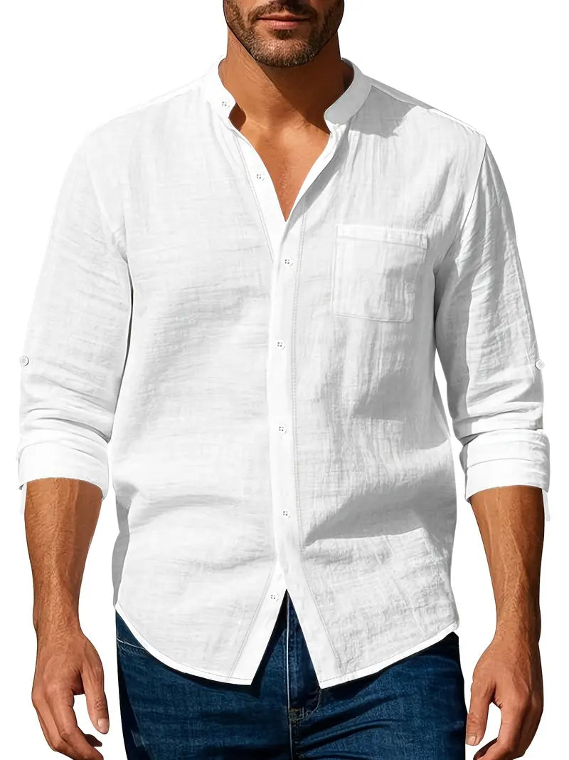 Men's Band Collar Long Sleeve Shirt
