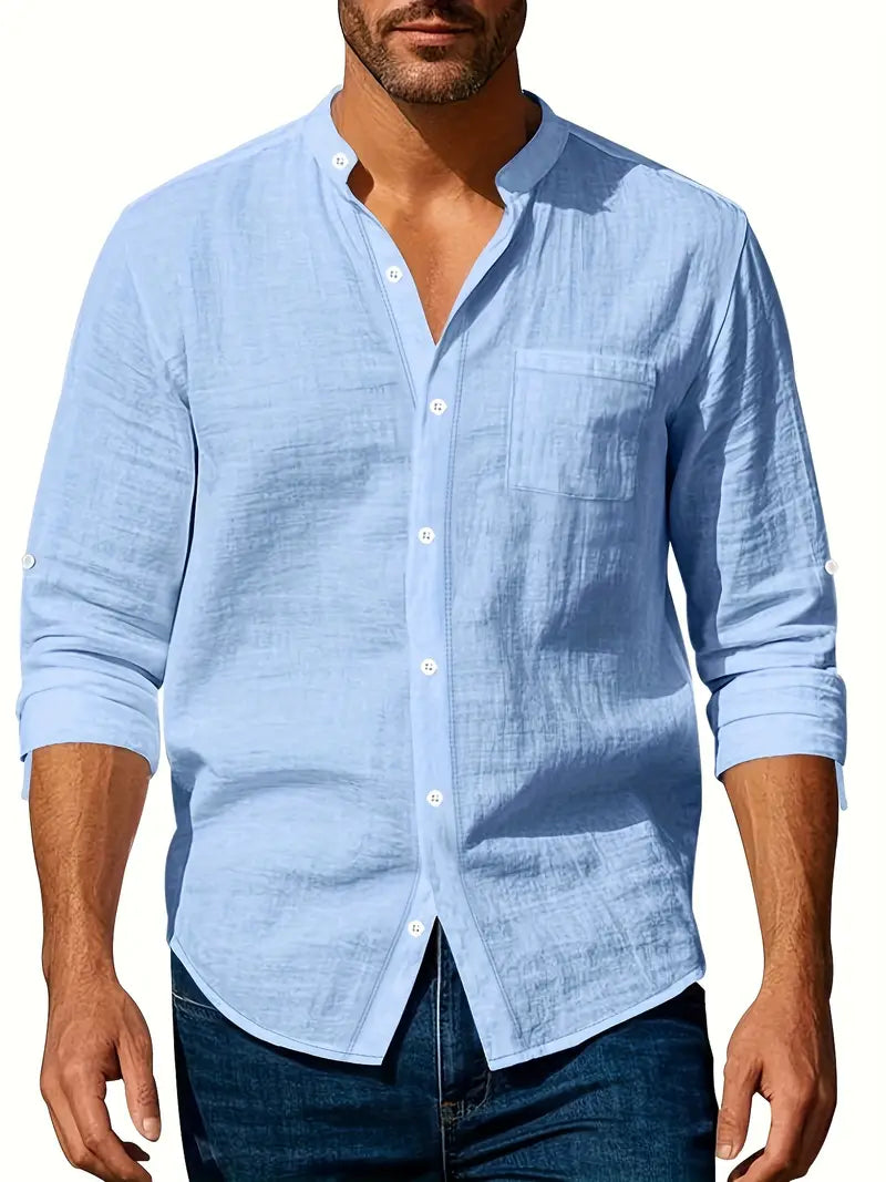 Men's Band Collar Long Sleeve Shirt