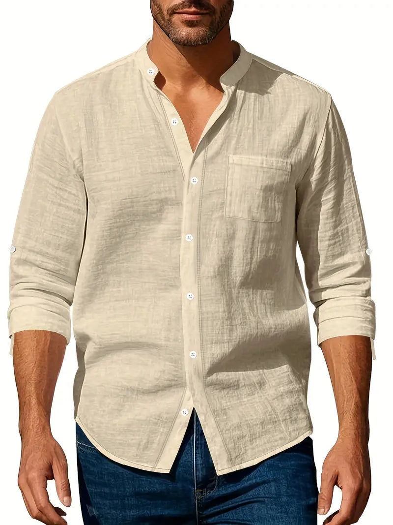 Men's Band Collar Long Sleeve Shirt
