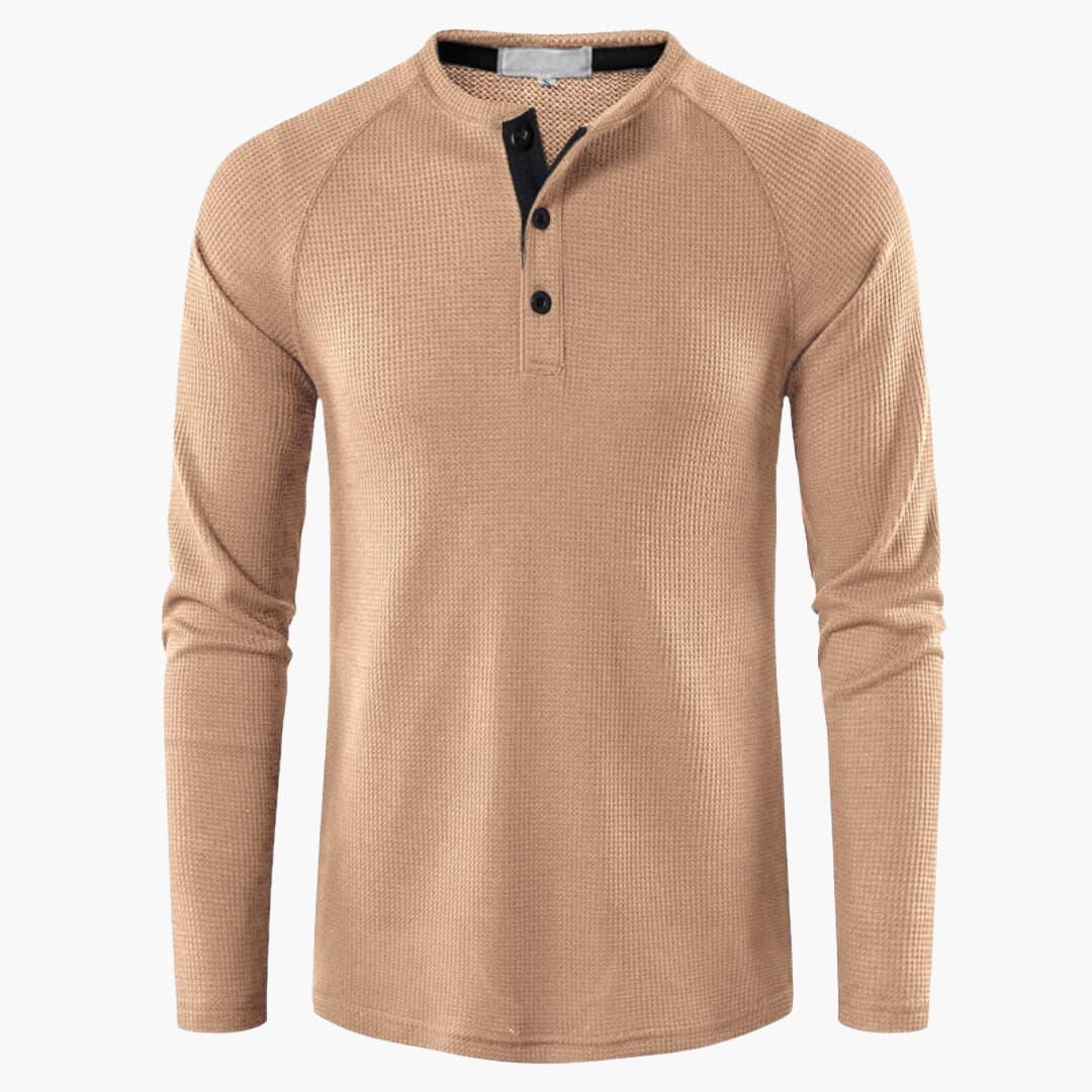 Men's Long-Sleeved Henley Shirt with Placket and Natural Texture