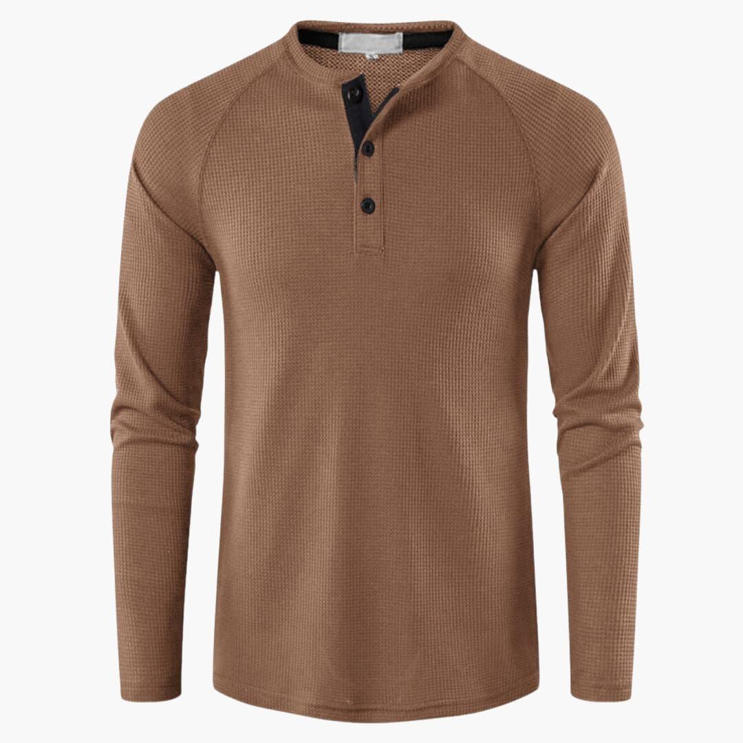 Men's Long-Sleeved Henley Shirt with Placket and Natural Texture