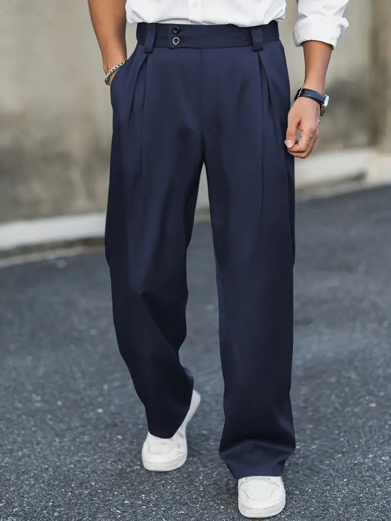 Men's Loose Pleated Trousers with Double Closure