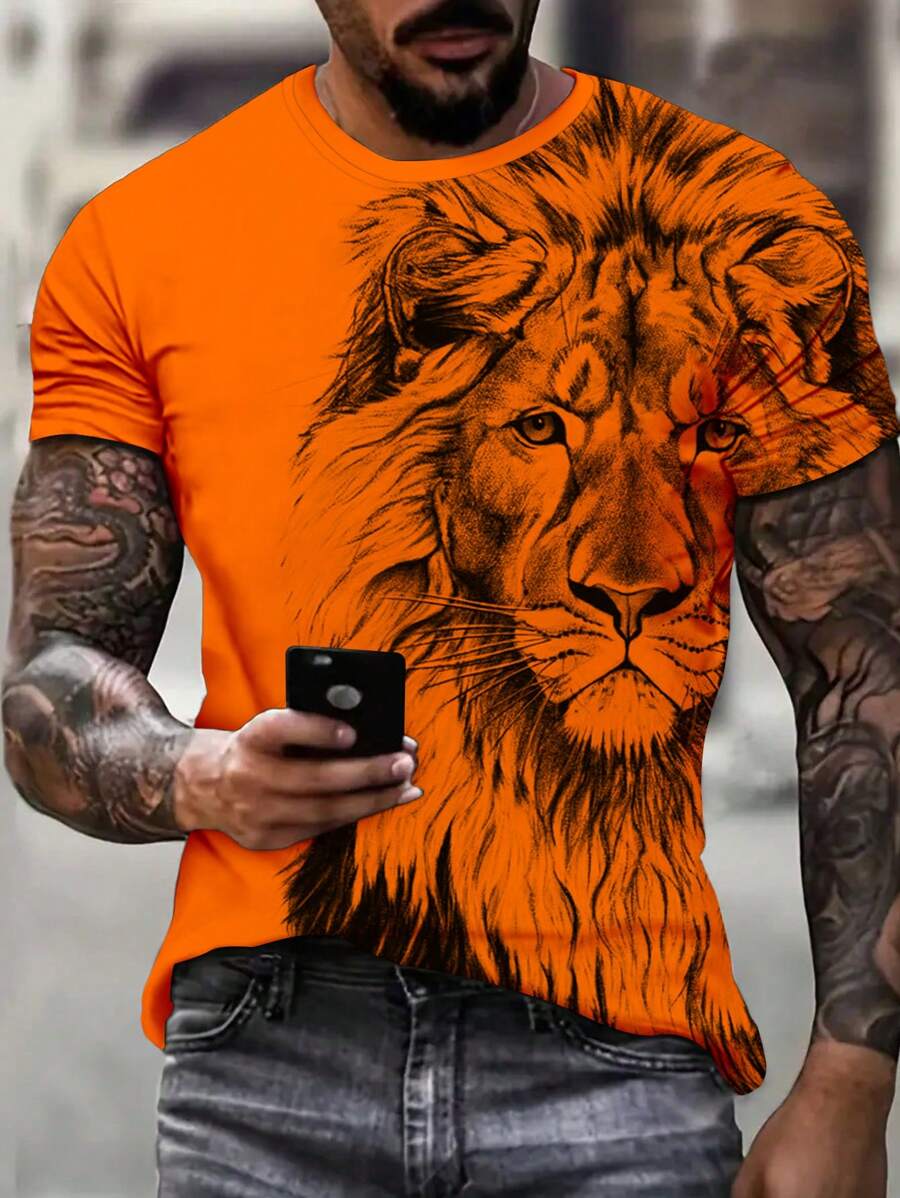Men's Orange Lion Print T-Shirt