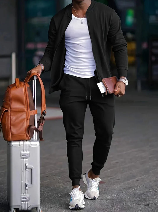 Men's Tracksuit Set with Zip-Up Jacket and Trousers