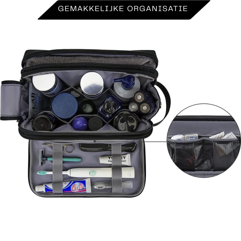 Men's Water-Repellent Travel Toiletry Bag with Double Zipper, Black