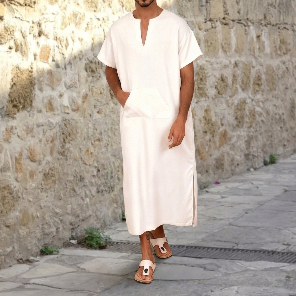 Men's White Djellaba – Long V-Neck Robe