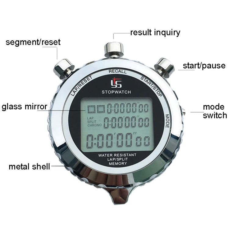 Metal Stopwatch with 3-Row Display for Running Training, Electronic Timer, 100 Lap Memory - Model YS-5100