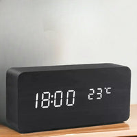 Modern Digital Alarm Clock with Wood-Look LED Display and Voice Control