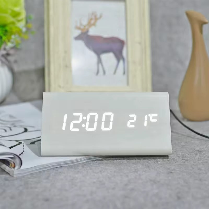 Modern Digital Alarm Clock with Wood-Look LED Display and Voice Control