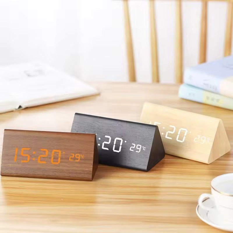 Modern Digital Alarm Clock with Wood-Look LED Display and Voice Control