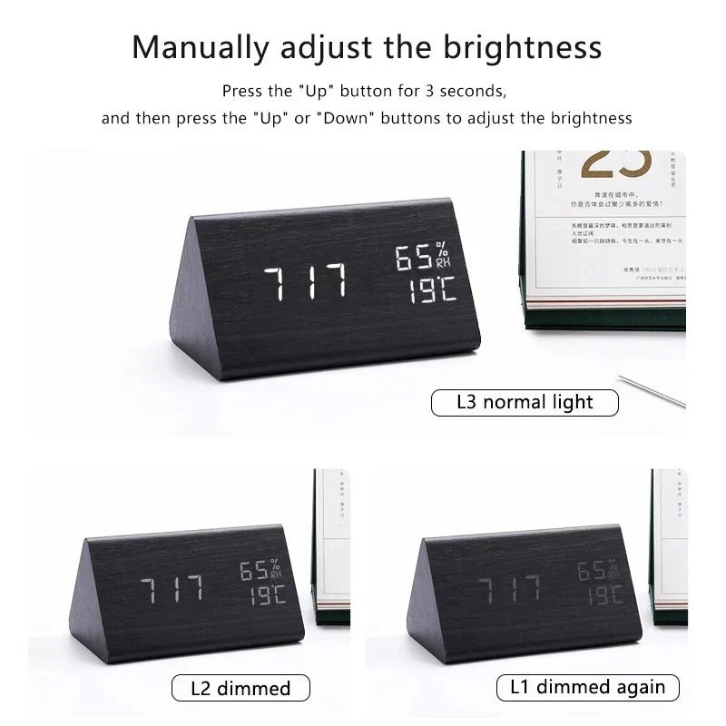 Modern Digital Alarm Clock with Wood-Look LED Display and Voice Control