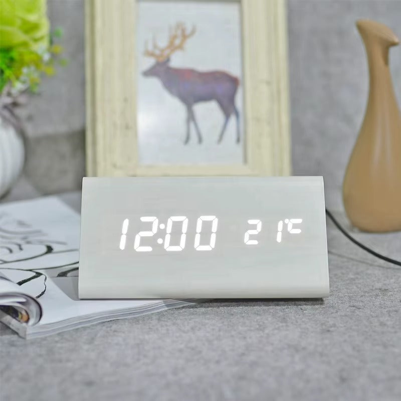 Modern Digital Alarm Clock with Wood-Look LED Display and Voice Control
