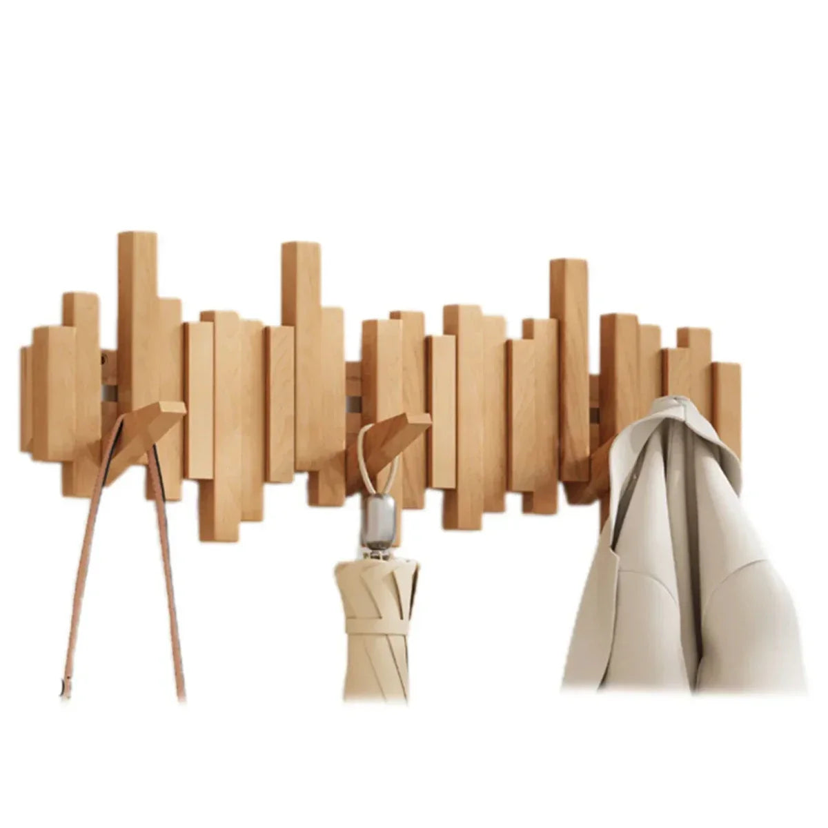 Modern Piano-Style Walnut and Beech Wood Coat Rack