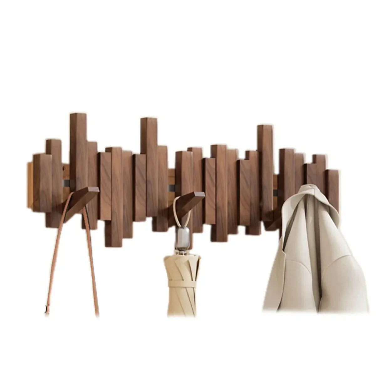 Modern Piano-Style Walnut and Beech Wood Coat Rack