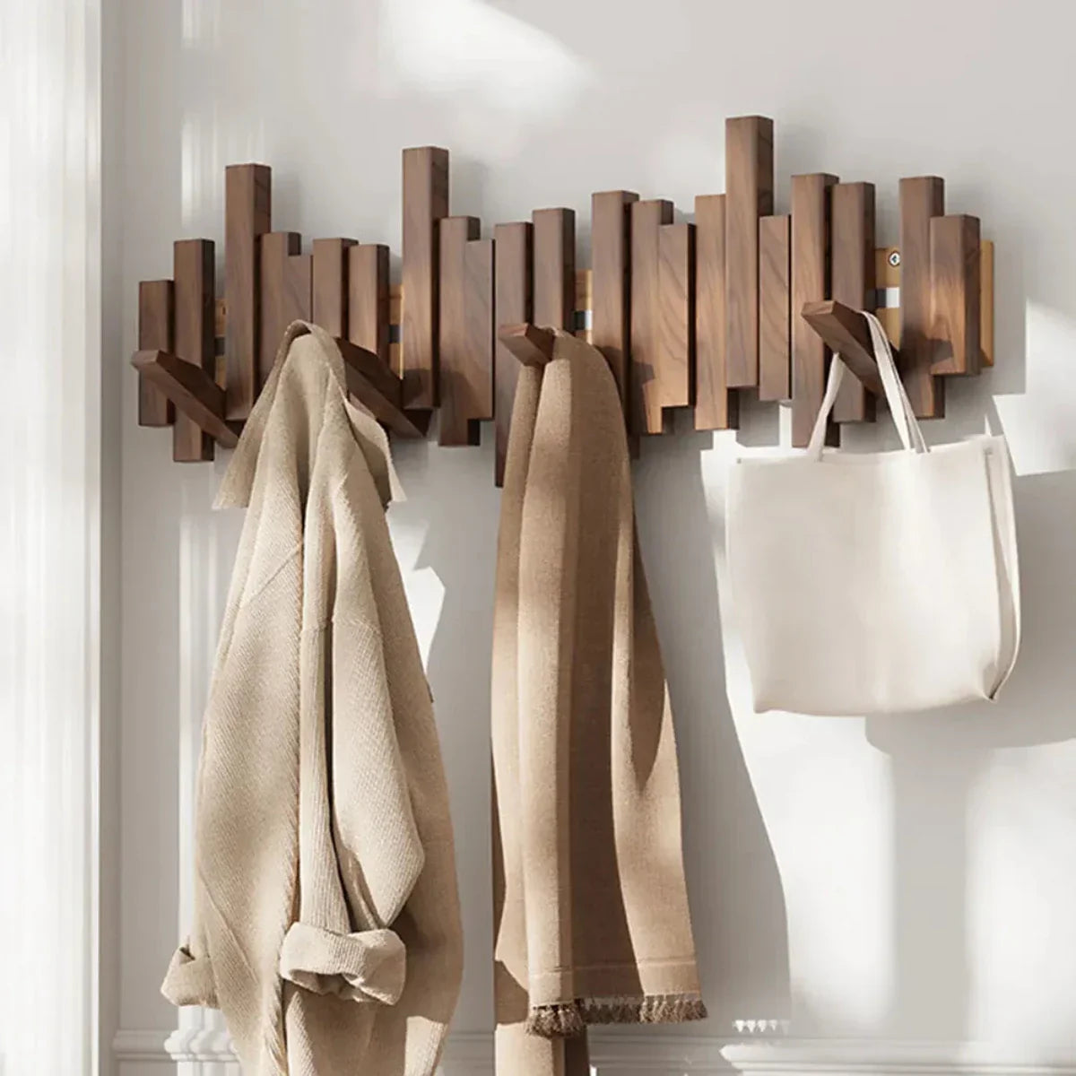 Modern Piano-Style Walnut and Beech Wood Coat Rack
