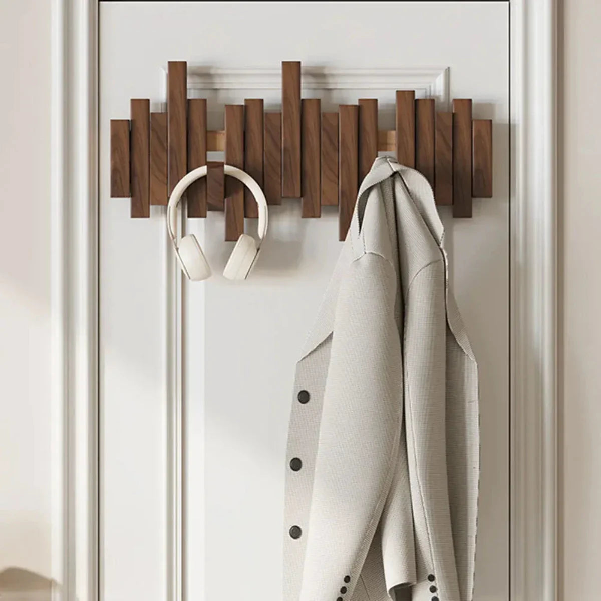 Modern Piano-Style Walnut and Beech Wood Coat Rack