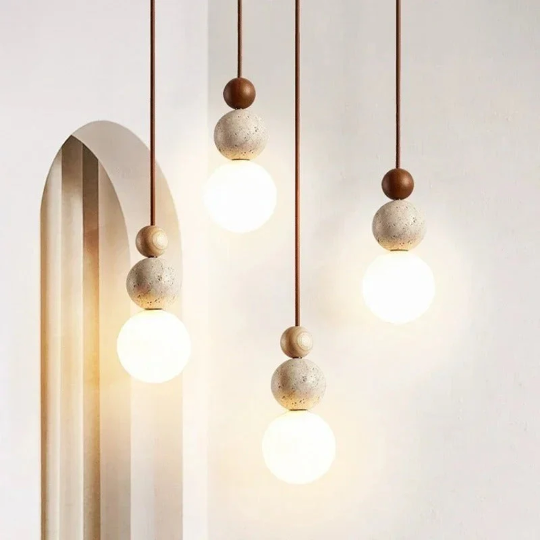 Modern Travertine and Mahogany Pendant Light