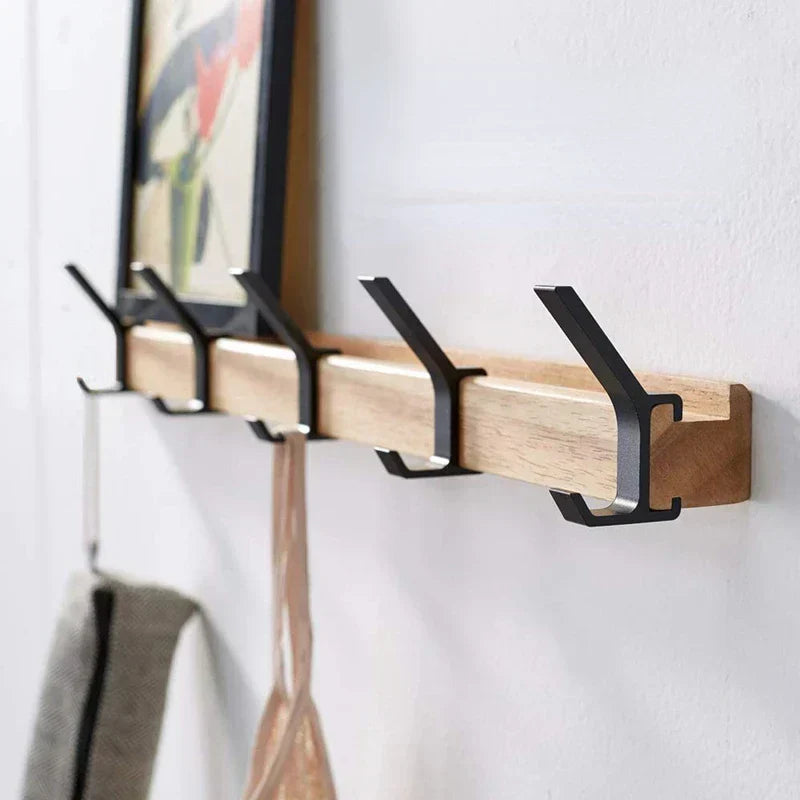 Movable Wall-Mounted Coat Hooks – Elegant Wood and Metal Combination