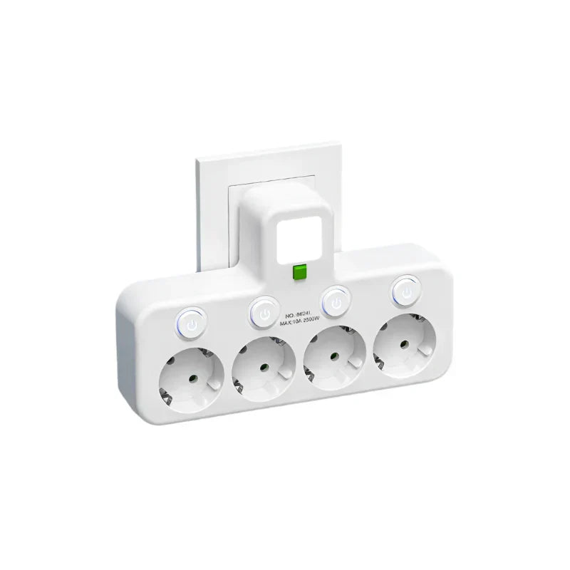 Multi-Plug Wall Outlet Adapter with 3–4 Sockets, 2x USB & 1x Type-C, 2500W, Surge Protection & Control Switch