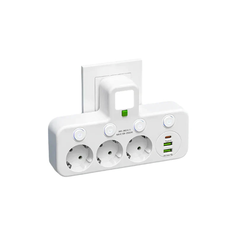Multi-Plug Wall Outlet Adapter with 3–4 Sockets, 2x USB & 1x Type-C, 2500W, Surge Protection & Control Switch