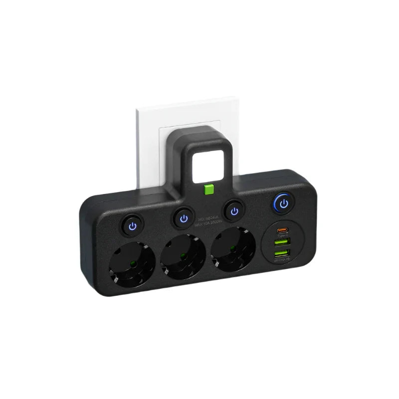 Multi-Plug Wall Outlet Adapter with 3–4 Sockets, 2x USB & 1x Type-C, 2500W, Surge Protection & Control Switch