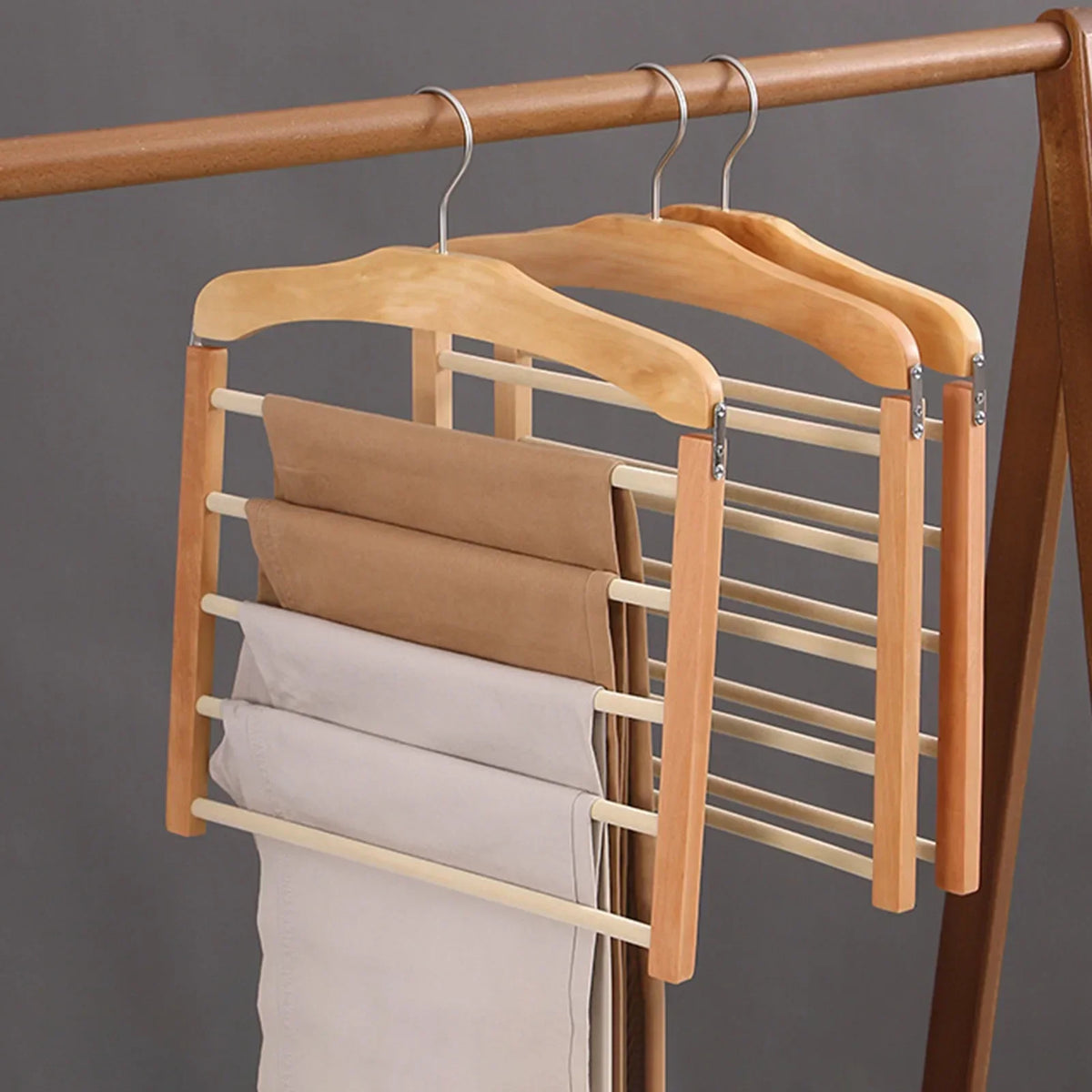 Multi-Tier Wooden Trouser Rack for Modern Wardrobes