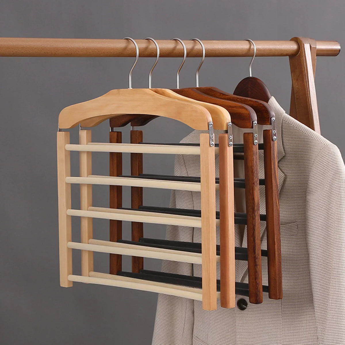 Multi-Tier Wooden Trouser Rack for Modern Wardrobes