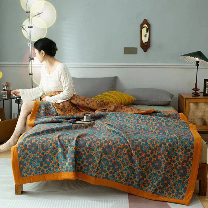Orange and Blue Patterned Six-Layer Cotton Quilt