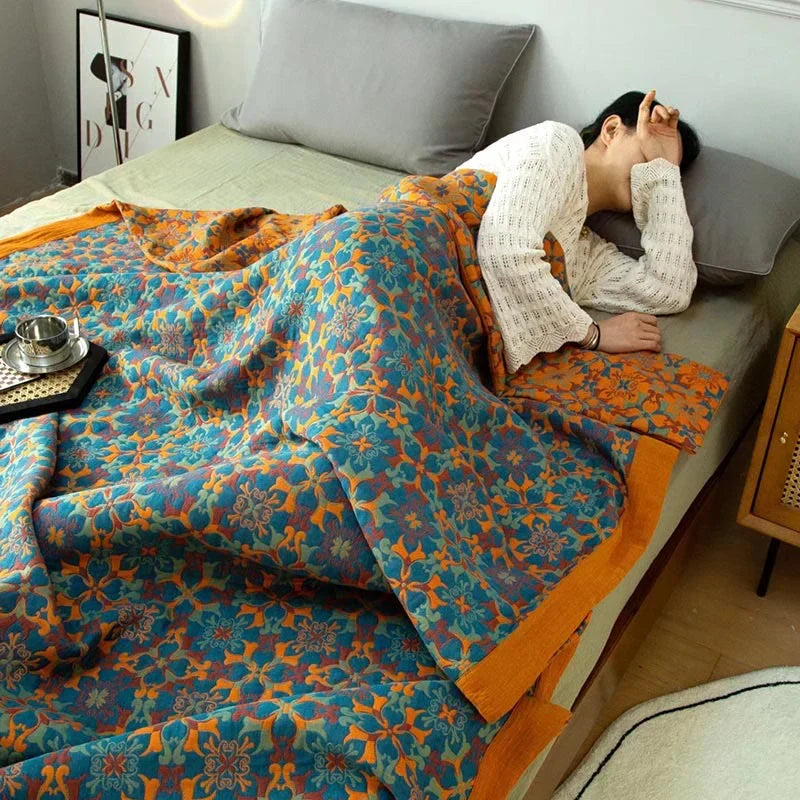 Orange and Blue Patterned Six-Layer Cotton Quilt