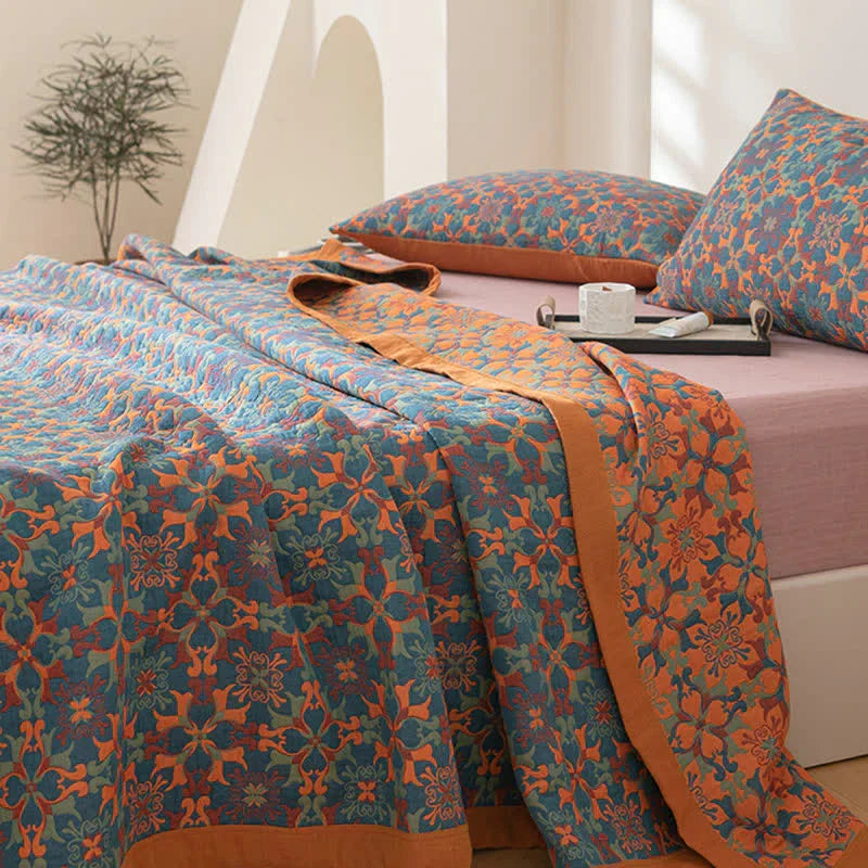 Orange and Blue Patterned Six-Layer Cotton Quilt
