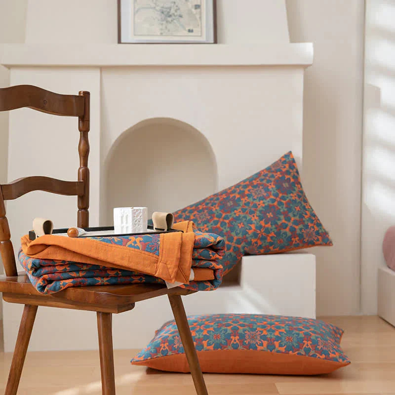 Orange and Blue Patterned Six-Layer Cotton Quilt