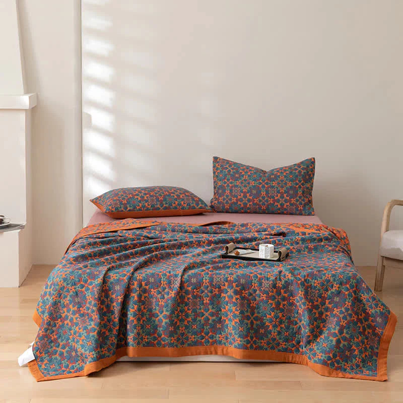 Orange and Blue Patterned Six-Layer Cotton Quilt