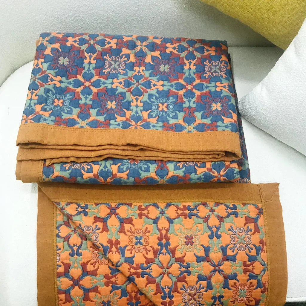 Orange and Blue Patterned Six-Layer Cotton Quilt