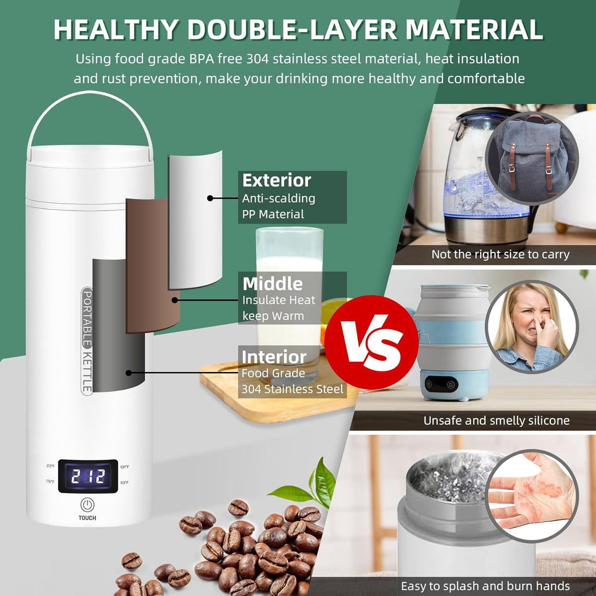 Portable Electric Travel Kettle with LCD Display and Auto Shut-Off
