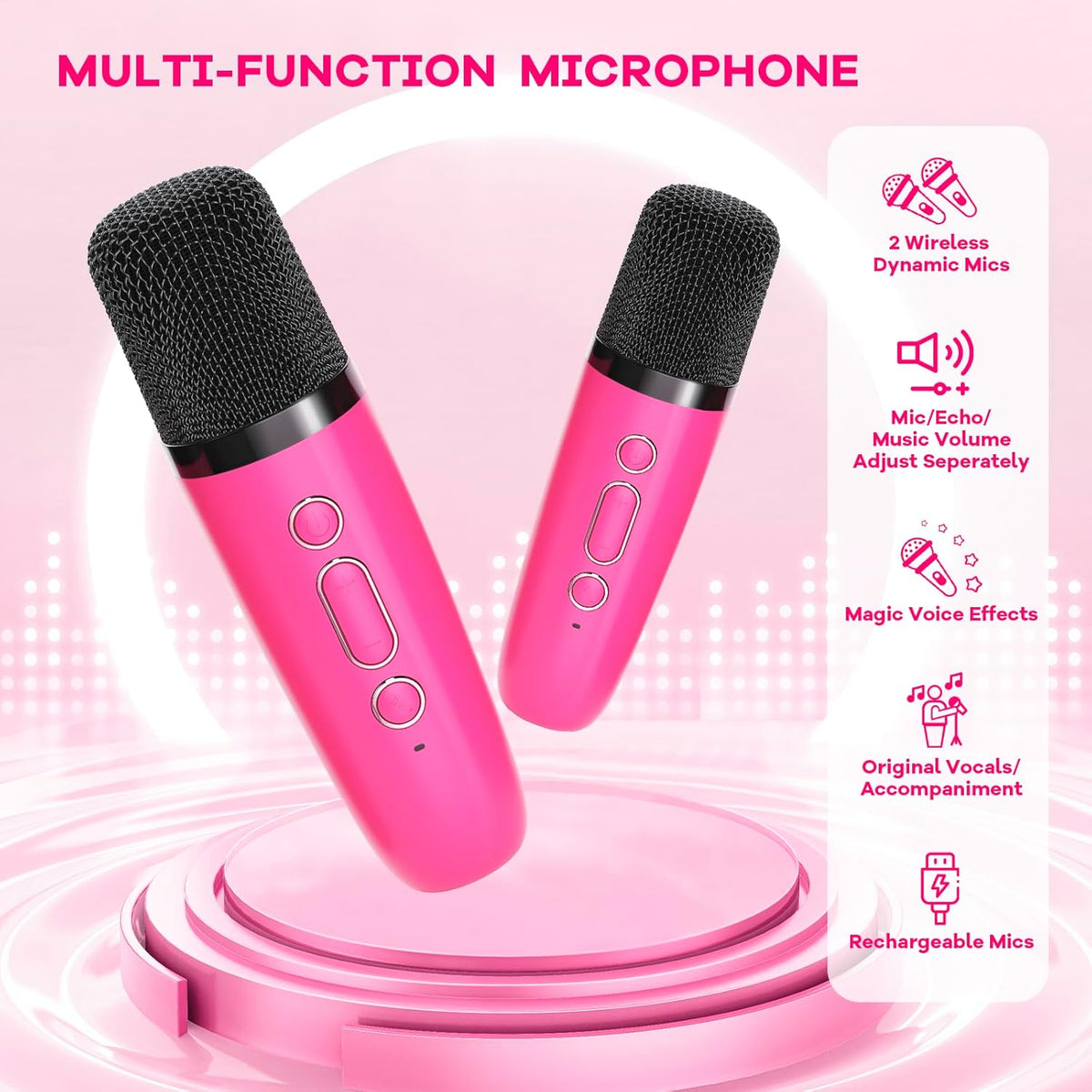 Portable Mini Karaoke Machine with Bluetooth Speaker and 2 Wireless Microphones