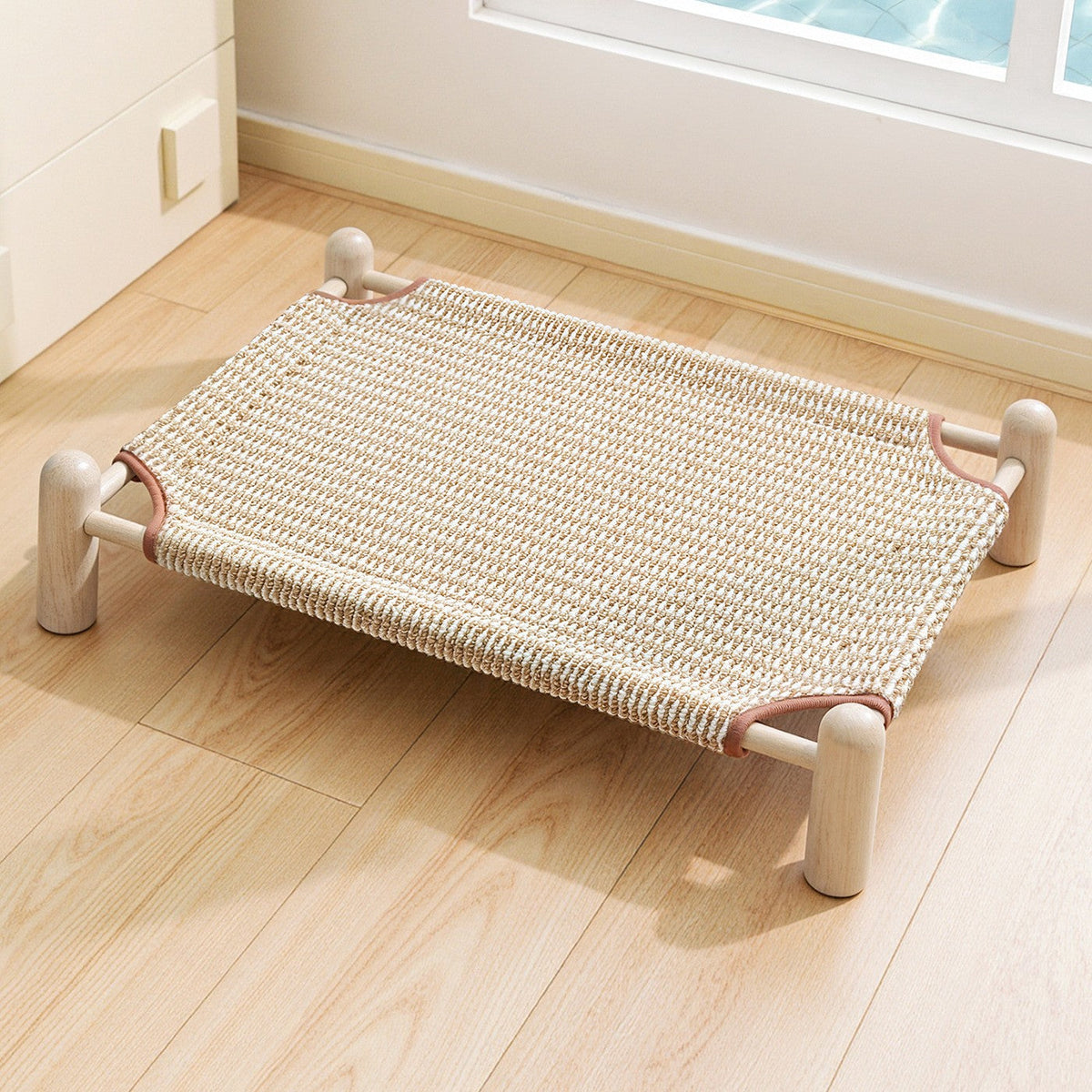 Raised Wooden Pet Bed with Breathable Woven Cover