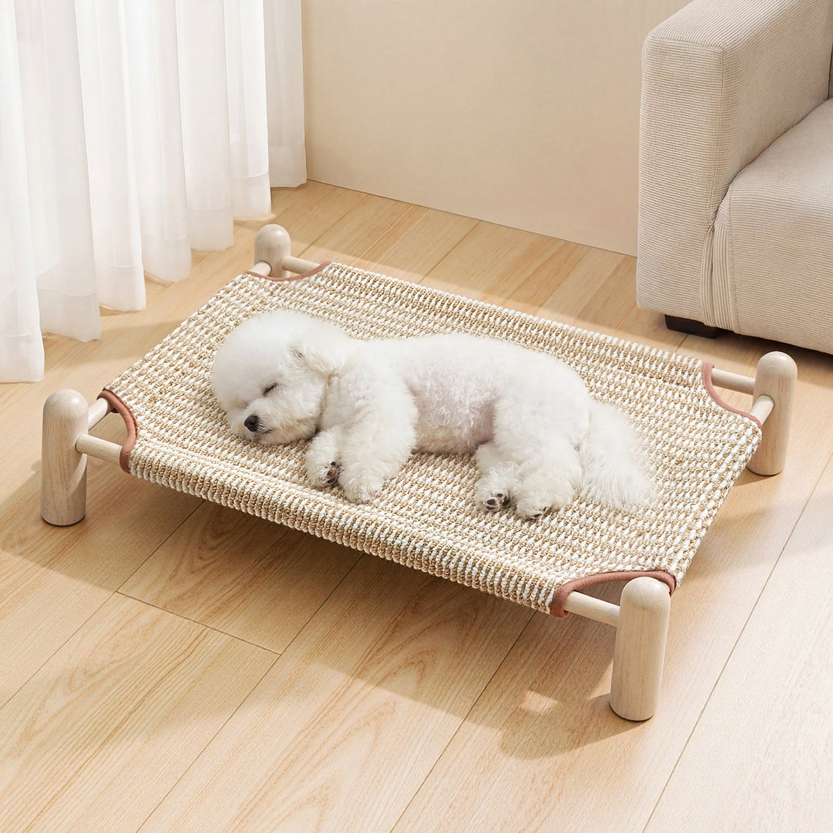 Raised Wooden Pet Bed with Breathable Woven Cover