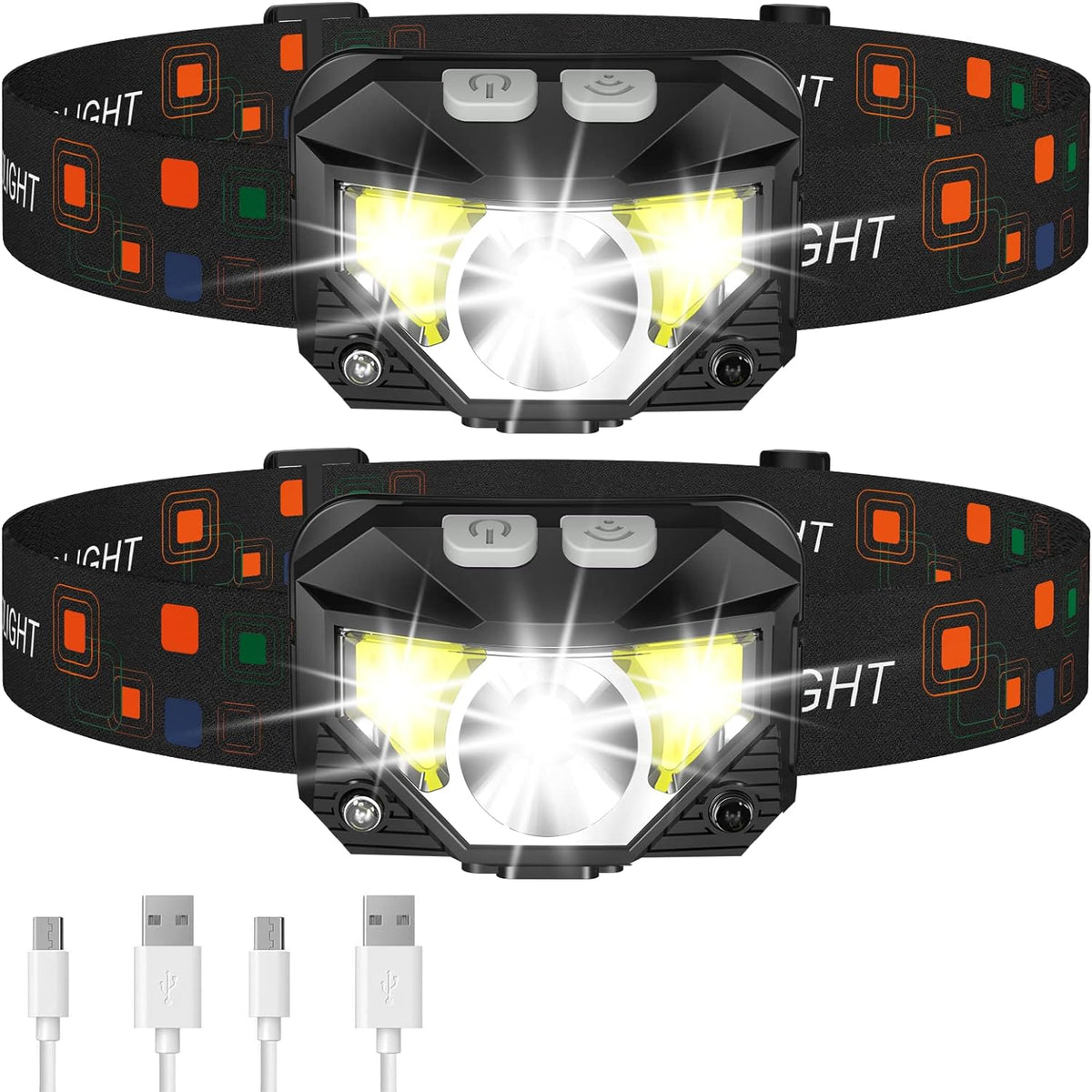 Rechargeable Waterproof LED Headlamp with Motion Sensor - 2-Pack